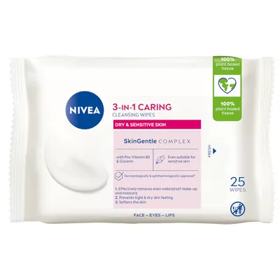 NIVEA 3w1 Łagodzące Chusteczki do Demakijażu Cera Sucha i Wrażliwa 25 Sztuk