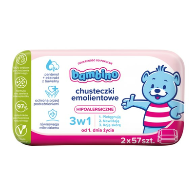Bambino Chusteczki Emolientowe 3w1 2x57 Sztuk