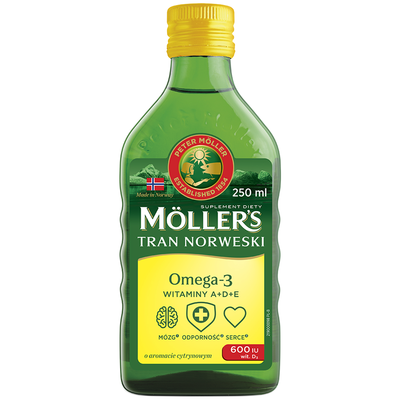Moller's Tran Norweski Cytrynowy Omega-3 Witaminy A+D+E Suplement Diety 250ml