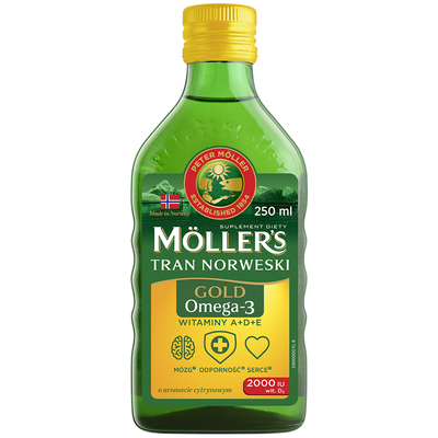 Moller's Tran Norweski Cytrynowy Gold Omega-3 Witaminy A+D+E Suplement Diety 250ml