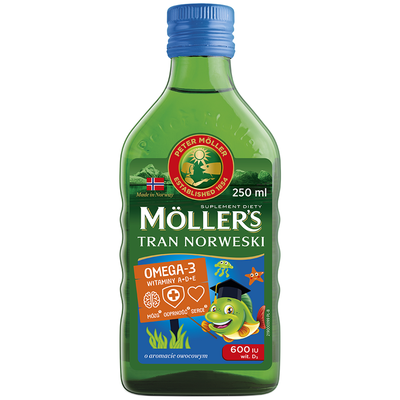 Moller's Tran Norweski Owocowy Omega-3 Witaminy A+D+E Suplement Diety 250ml