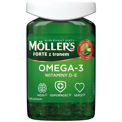Moller's Forte z Tranem Omega-3 Witaminy D-E Suplement Diety 112 Kapsułek