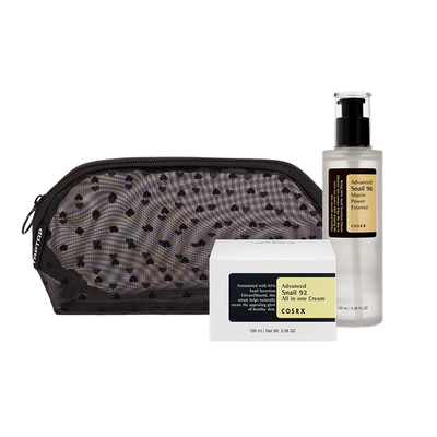 TAPTAP Kosmetyczka Siateczkowa Czarna + COSRX Advenced Snail 92 Wielozadaniowy Krem do Twarzy 100ml + COSRX Advanced Snail 96 Mucin Power Essence Nawilżająca Esencja ze Śluzu Ślimaka 100ml