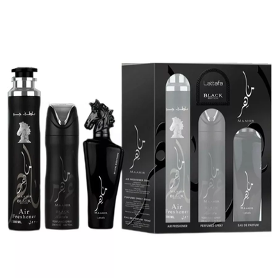LATTAFA Maahir Black Zestaw Unisex Woda Perfumowana + Dezodorant + Odświeżacz Powietrza