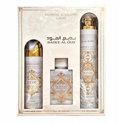 LATTAFA Bade'e Al Oud Honor &amp; Glory Zestaw Unisex Woda Perfumowana + Dezodorant + Odświeżacz Powietrza