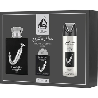 LATTAFA Ishq Al Shuyukh Silver Zestaw Unisex Woda Perfumowana 100ml+20ml + Dezodorant + Atomizer