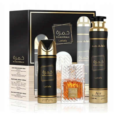 LATTAFA Khamrah Zestaw Unisex Woda Perfumowana + Dezodorant + Odświeżacz Powietrza