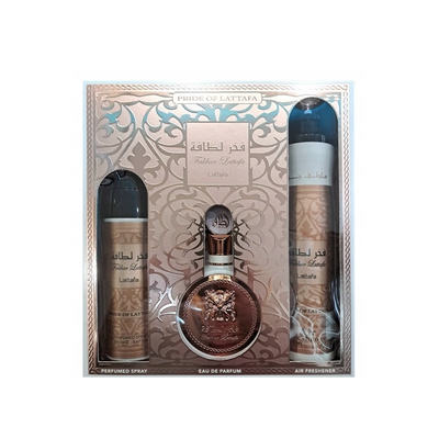 LATTAFA Fakhar Zestaw dla Kobiet Woda Perfumowana + Dezodorant + Odświeżacz Powietrza