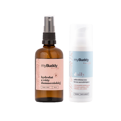 [Zestaw] myBuddy Hydrolat z Róży Damasceńskiej 100ml + myBuddy daily Mikrobiotyczny Krem Nawadniający 50ml
