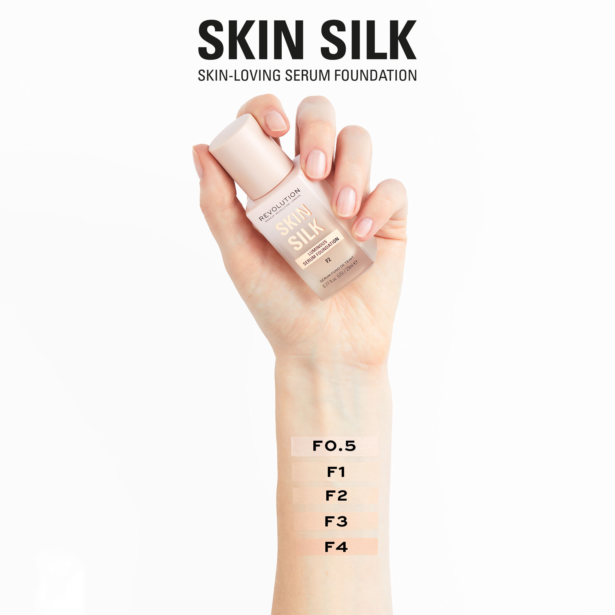 Тональная основа-сыворотка Makeup Revolution Skin Silk Luminous Serum Foundation F2, сияющая, 23 мл — фото 3