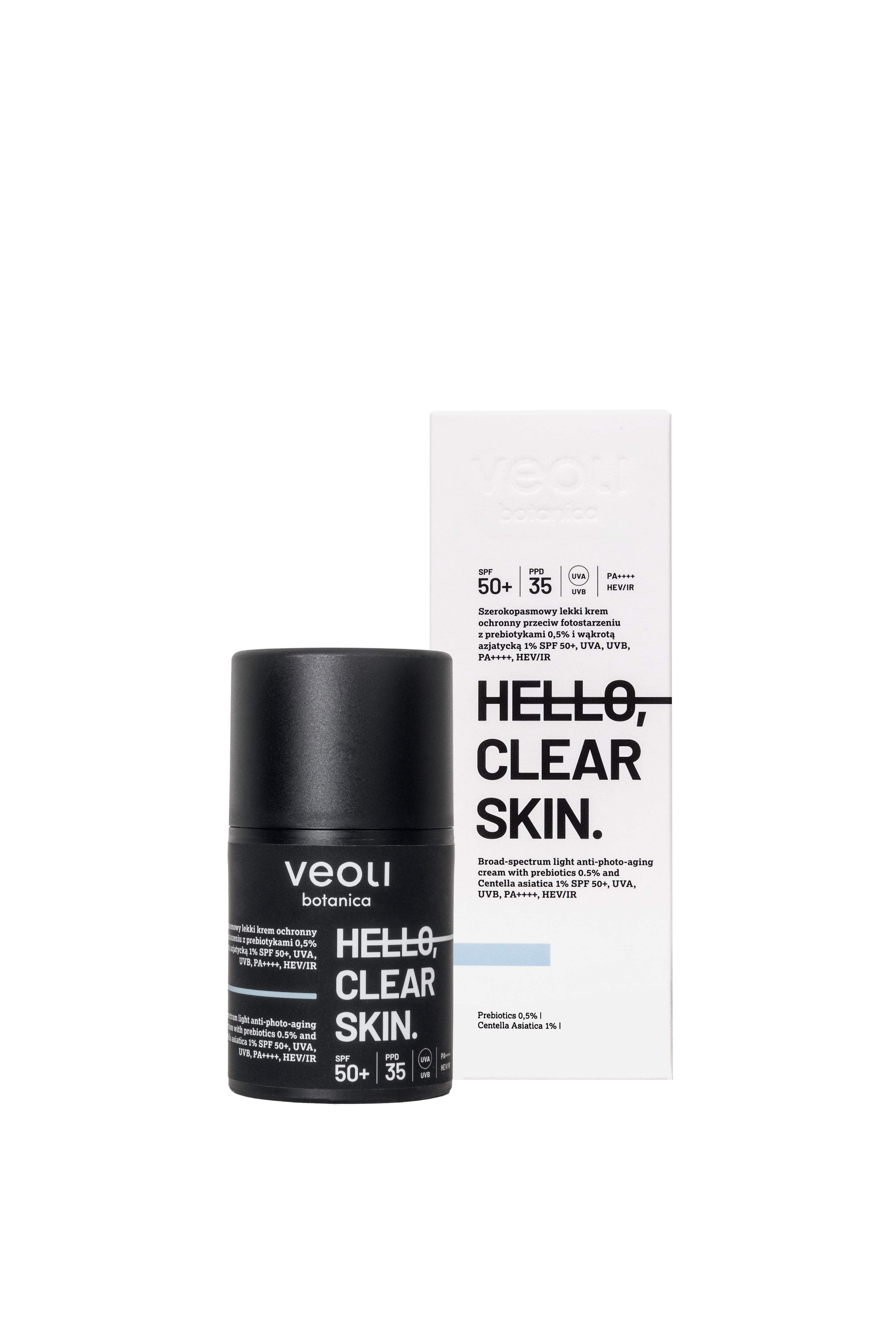 Hello Clear Skin Szerokopasmowy Lekki Krem Ochronny SPF50+ z Prebiotykami i Wąkrotą Azjatycką