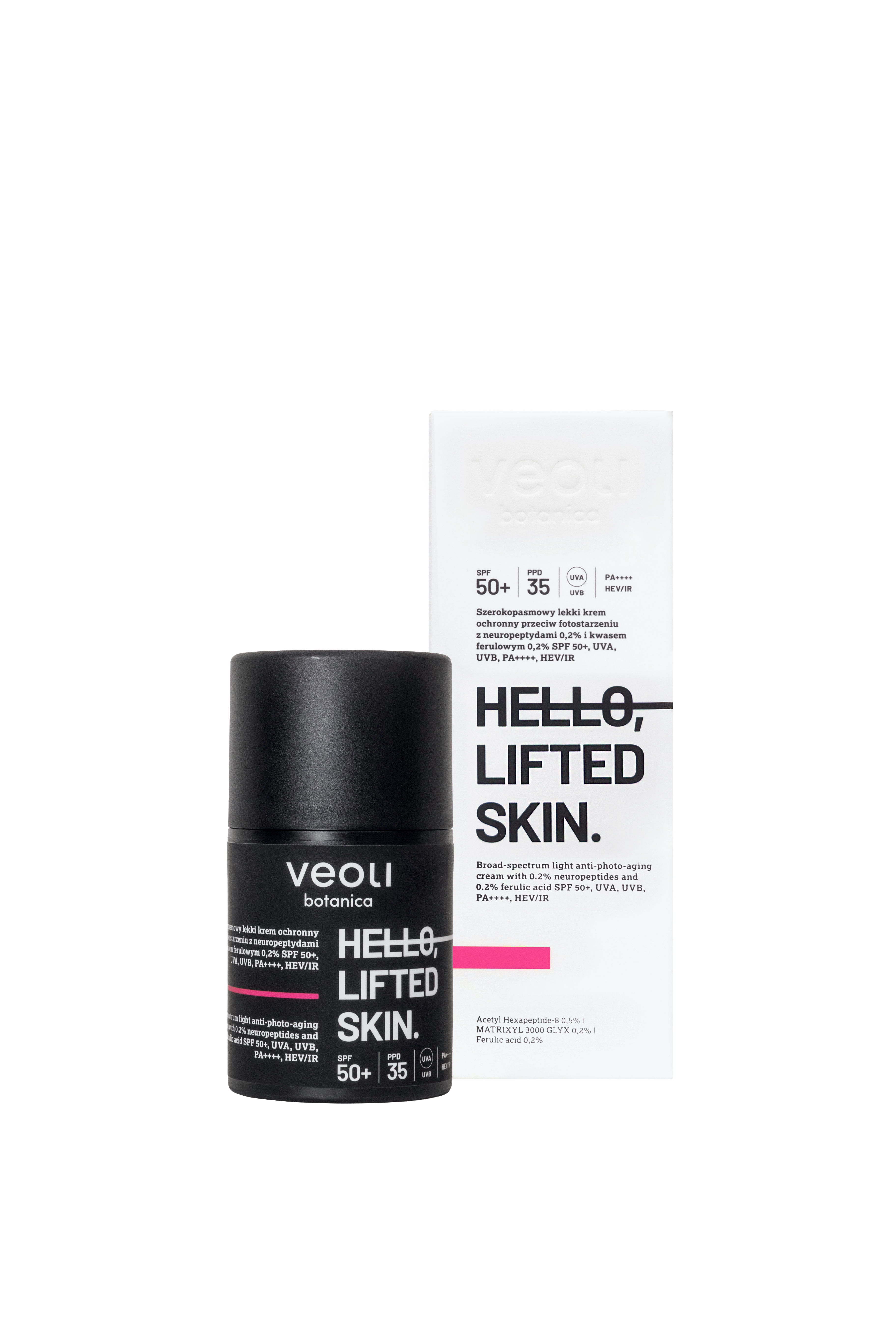Hello Lifted Skin Szerokopasmowy Lekki Krem Ochronny SPF50+ z Neuropeptydami i Kwasem Ferulowym