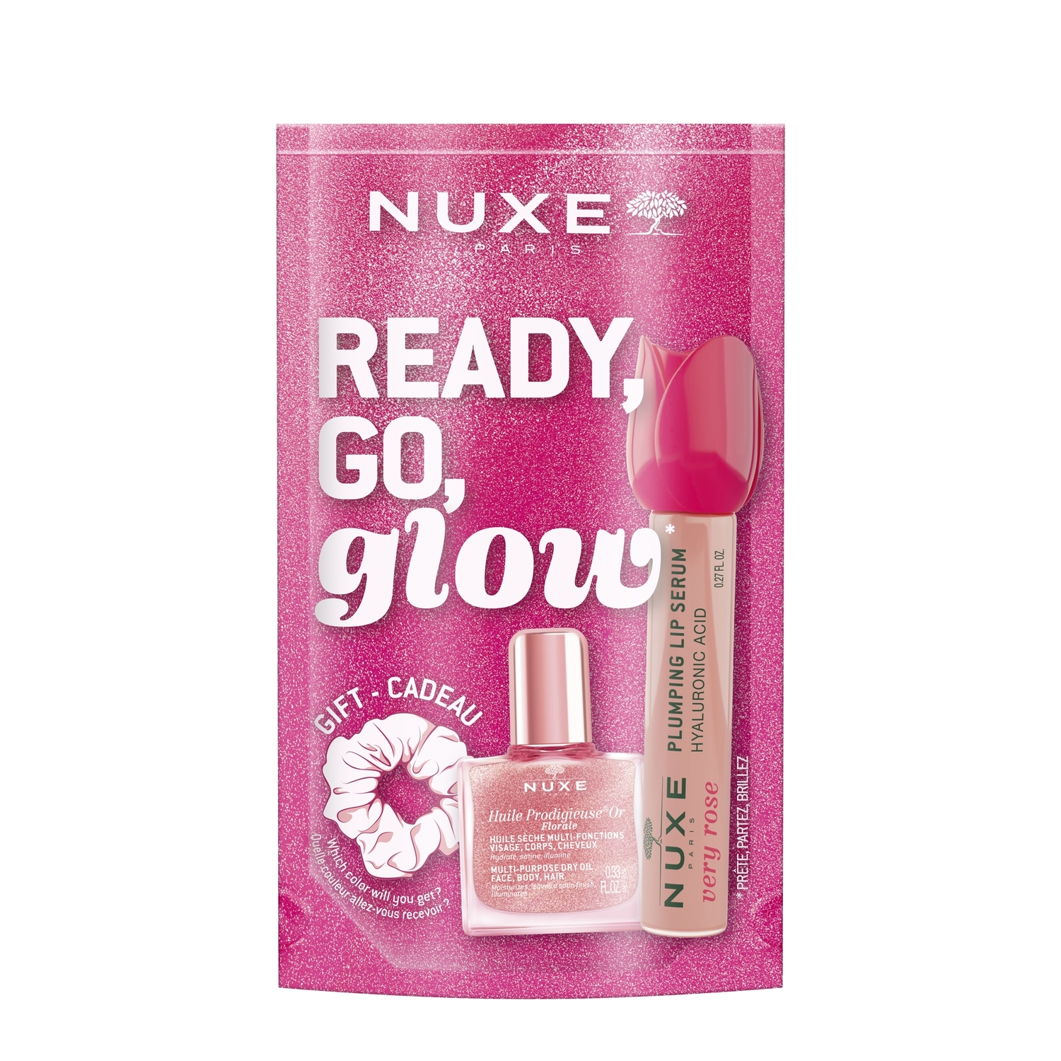 Ready Go Glow Zestaw Suchy Olejek + Serum do ust + Gumka do Włosów
