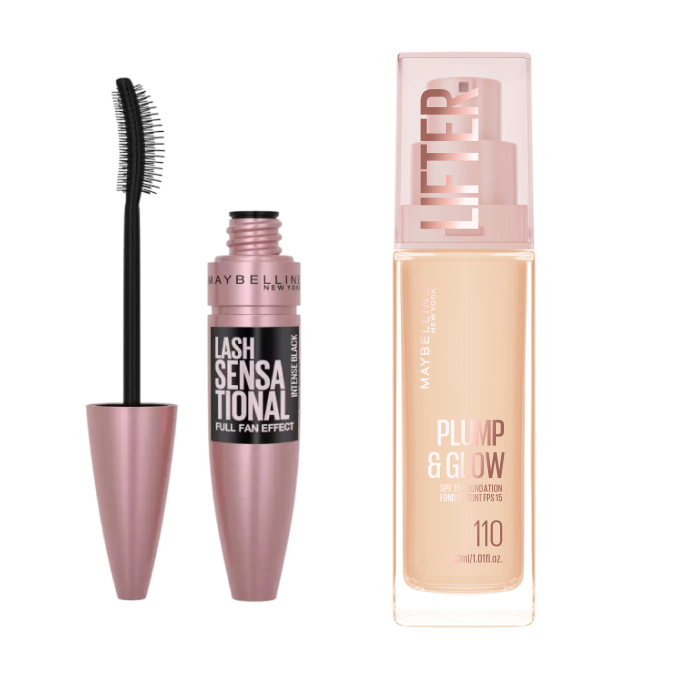 Набор для макияжа Maybelline New York: тональный крем Lifter Plump & Glow и тушь Lash Sensational, оттенок 110