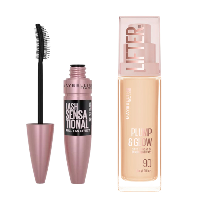 Набор для макияжа Maybelline New York: тональный крем Lifter Plump & Glow и тушь Lash Sensational, оттенок 090