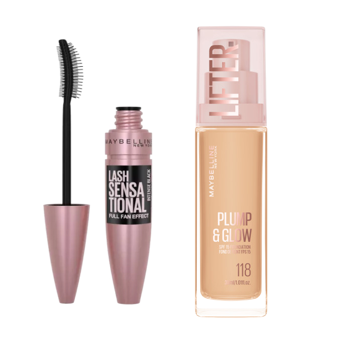 Набор для макияжа Maybelline New York: тональный крем Lifter Plump & Glow и тушь Lash Sensational, оттенок 118