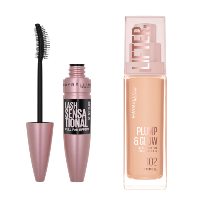 Набор для макияжа Maybelline New York: тональный крем Lifter Plump & Glow и тушь Lash Sensational, оттенок 102