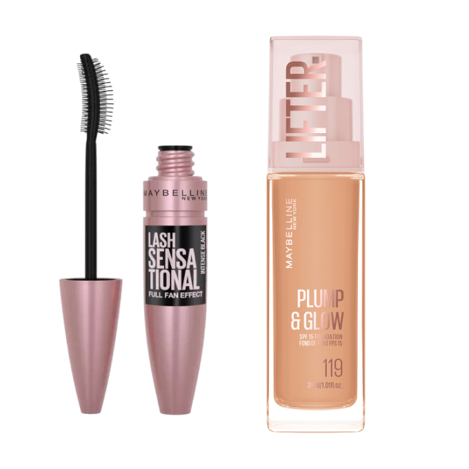 Набор для макияжа Maybelline New York: тональный крем Lifter Plump & Glow и тушь Lash Sensational, оттенок 119