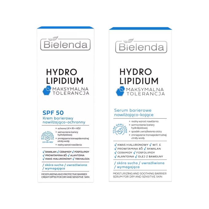Набор Bielenda Hydro Lipidium, барьерная сыворотка и крем SPF 50+