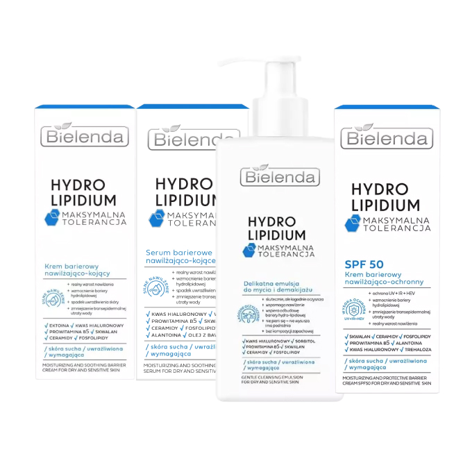 Набор Bielenda Hydro Lipidium, эмульсия для умывания, успокаивающий крем, крем SPF 50+ и сыворотка