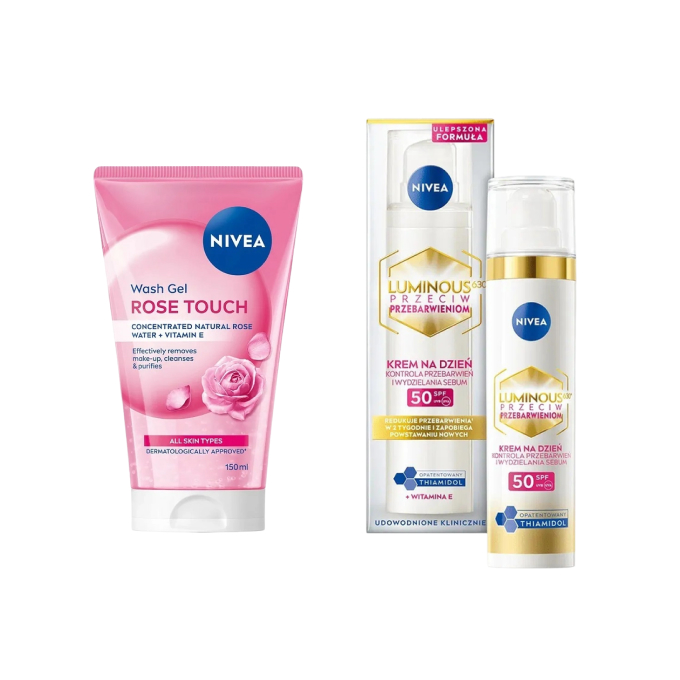Набор Nivea: мицеллярный гель Rose Touch и дневной крем Luminous630 SPF 50, 150 мл, 40 мл